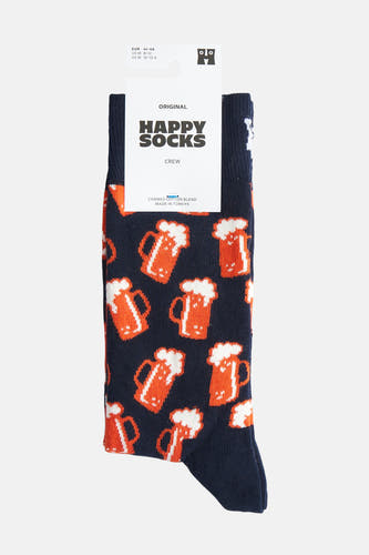 Blauwe sokken van Happy Socks, met een oranje bierpulpatroon en witte schuimkraag.
