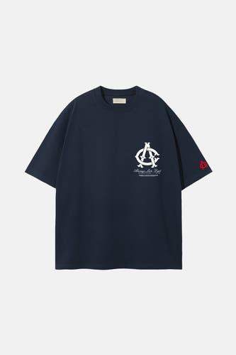 T-shirt bleu à manches courtes d'ANOTHER COTTON LAB, avec une impression blanche et rouge.