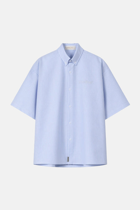 Blauw gestreept overhemd met korte mouwen van ANOTHER COTTON LAB, met knoopsluiting en borduursel.