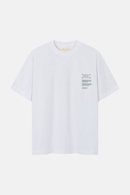 T-shirt blanc à manches courtes de ANOTHER COTTON LAB, avec petit imprimé vert en haut à droite.