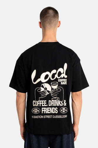 T-shirt noir à manches courtes de ANOTHER COTTON LAB, avec impression de texte et d'illustrations au dos.