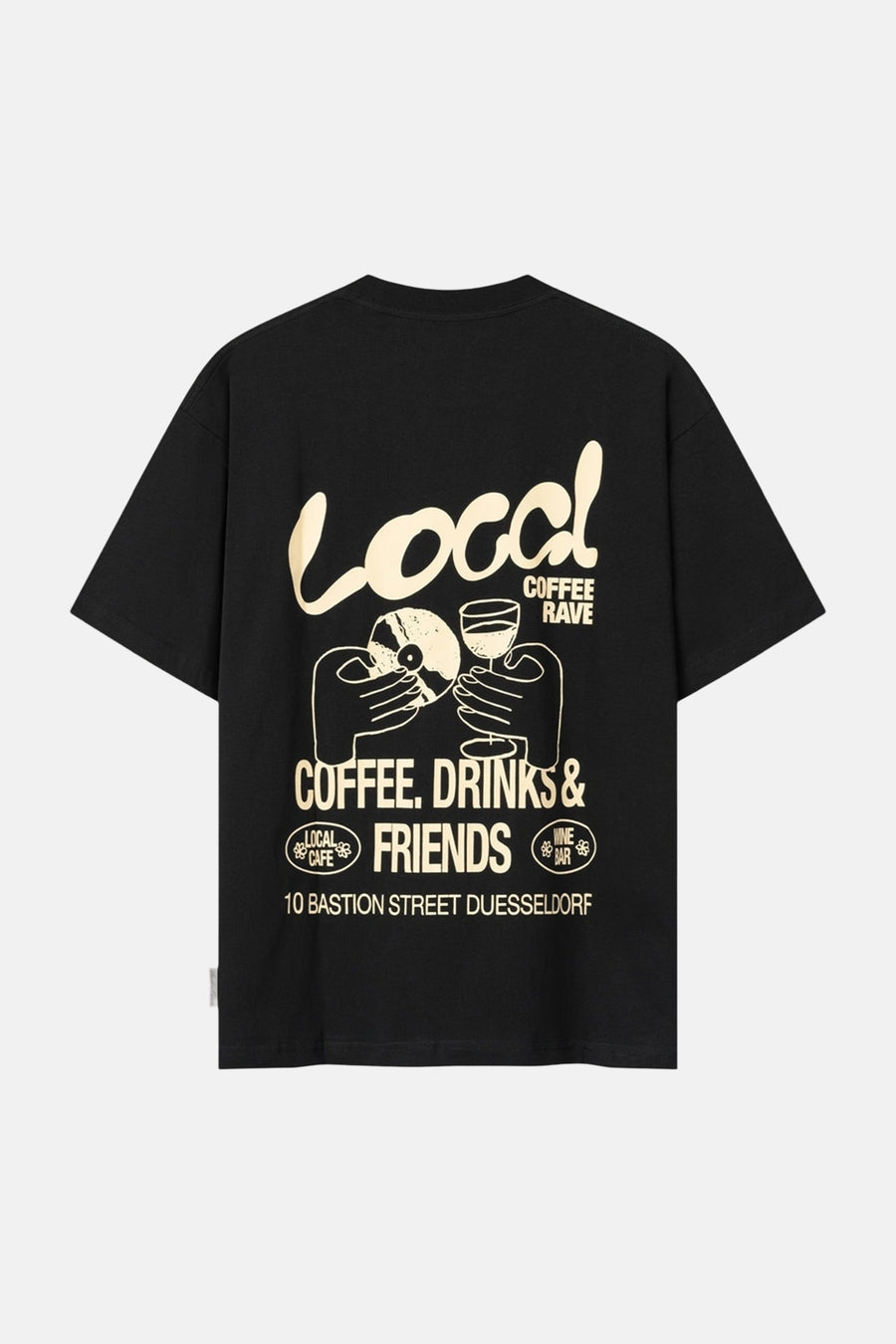 Zwart T-shirt met korte mouwen van ANOTHER COTTON LAB, met opdruk van tekst en illustraties op de rug.