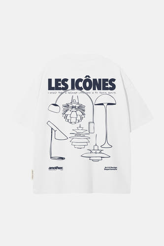 T-shirt blanc à manches courtes de ANOTHER COTTON LAB, avec illustration graphique de lampes et imprimé texte au dos.