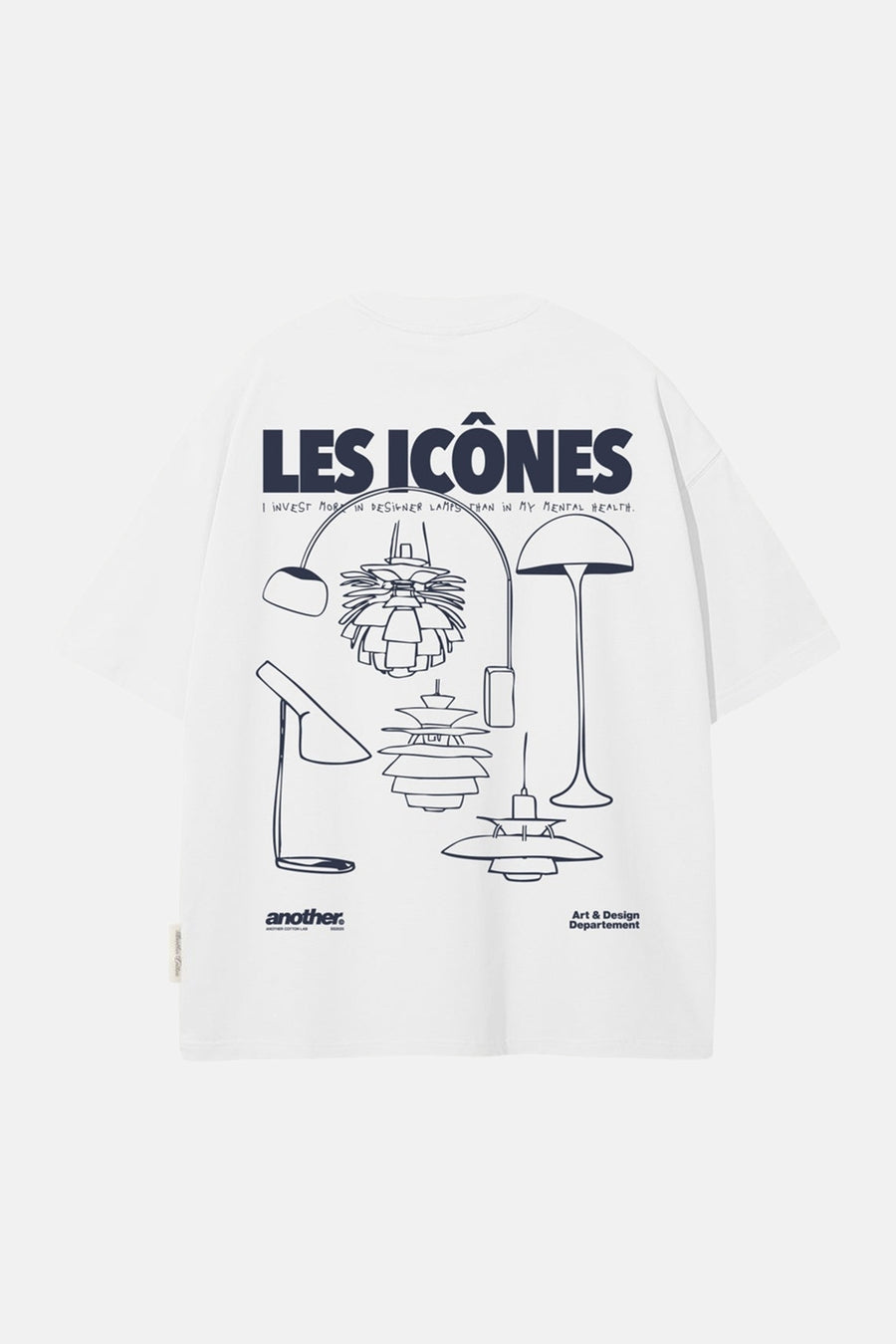 T-shirt blanc à manches courtes de ANOTHER COTTON LAB, avec illustration graphique de lampes et imprimé texte au dos.