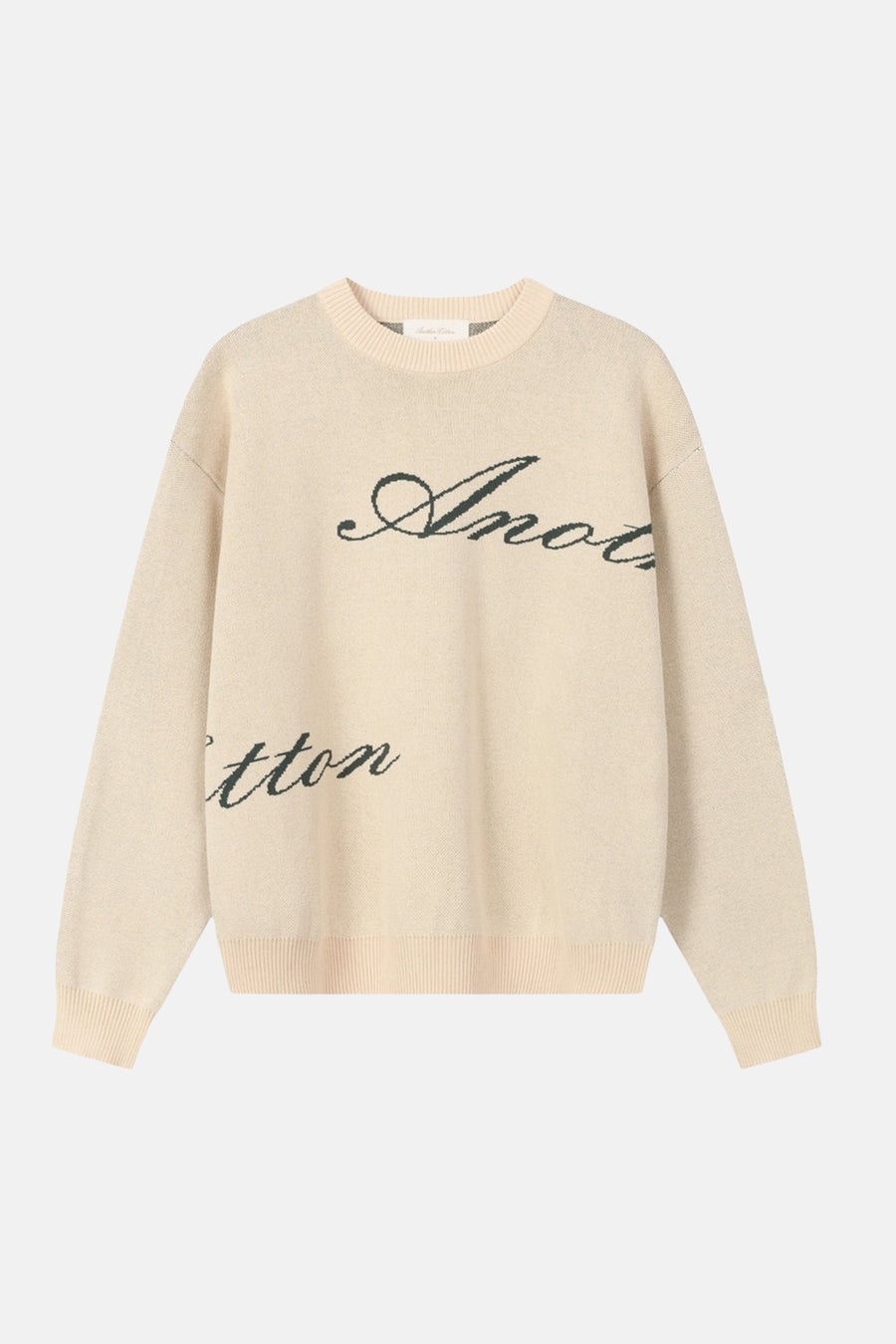 Beige trui met ronde hals van Another Cotton Lab, met een decoratieve tekstprint.