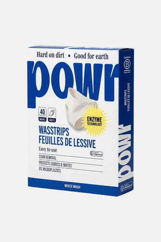 Wasmiddelstrips in witte doos met blauwe letters van WONDR CARE, enzymtechnologie, 40 wasbeurten, 0% microplastics, front view