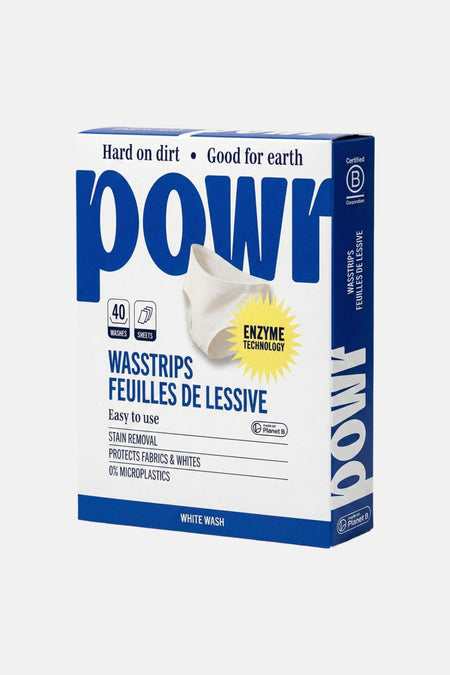 Wasmiddelstrips in witte doos met blauwe letters van WONDR CARE, enzymtechnologie, 40 wasbeurten, 0% microplastics, front view