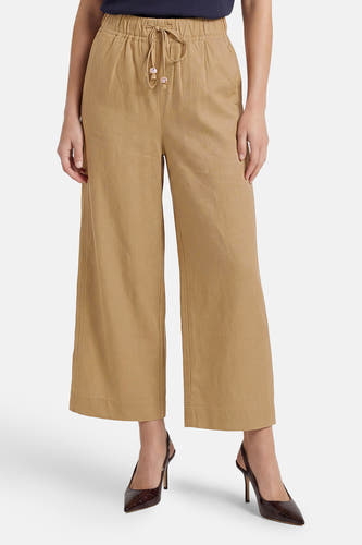 Beige damesbroek met elastische taille van ADORE, wijde pijpen, trekkoord met knoopdetails, cropped model, vooraanzicht