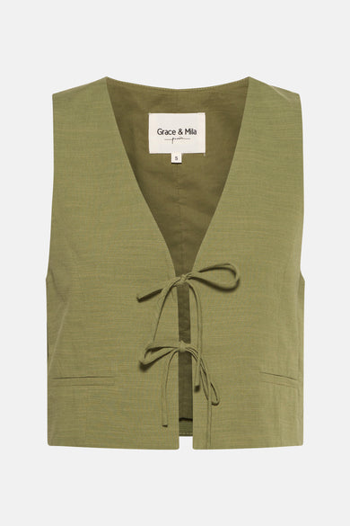 Olijfgroen linnen vest met knoopsluiting en zakken.