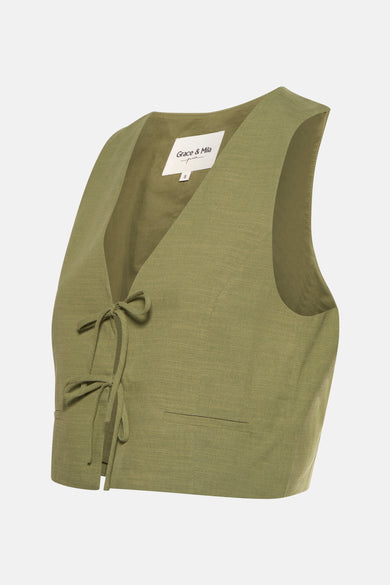 Olijfgroen vest van linnen met knoopsluiting.