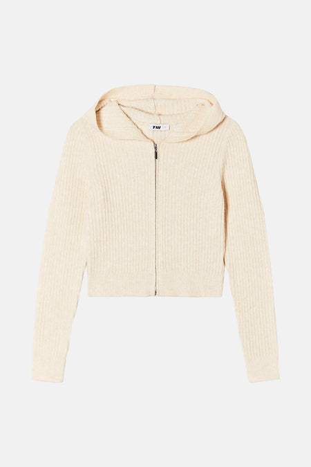 Cardigan beige avec fermeture éclair de TALLY WEIJL, en texture côtelée et capuchon.