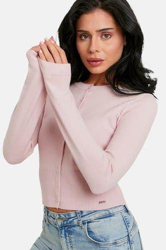 Cardigan rose de TALLY WEIJL, à manches longues et fermeture boutonnée, combiné avec un jean.