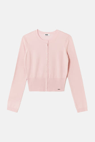 Cardigan rose de TALLY WEIJL, avec des manches longues et une fermeture à boutons.