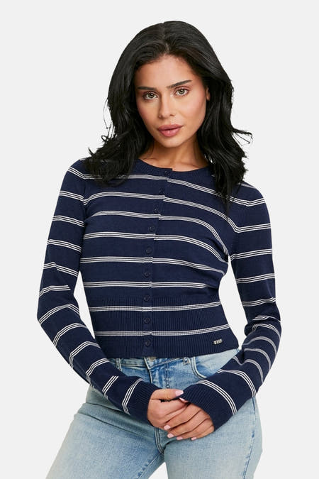 Blauw vest van TALLY WEIJL, met witte strepen en knoopsluiting, gedragen met een jeans.
