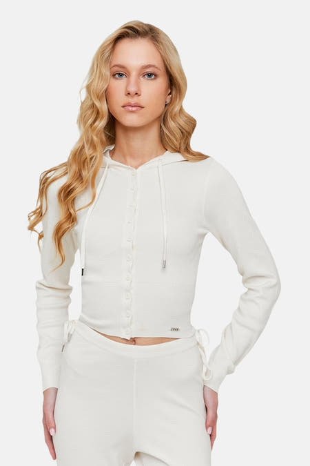 Gilet beige de TALLY WEIJL, avec fermeture à boutons, longues manches et capuche avec détail de cordon.