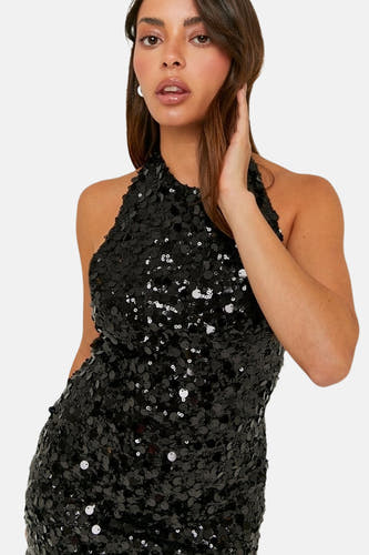 Robe sans manches noire de TALLY WEIJL, recouverte de paillettes, avec un col en V et une texture lisse.