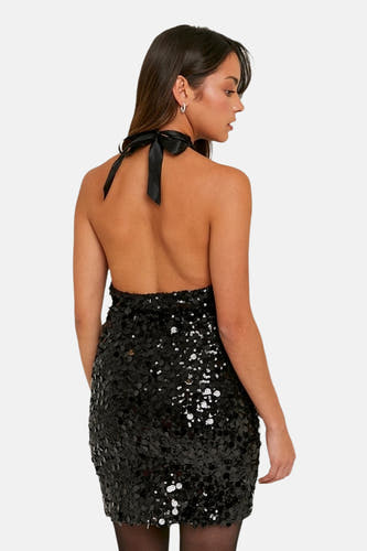 Robe sans manches noire de TALLY WEIJL, avec paillettes et un col en V attaché avec une bande de satin.