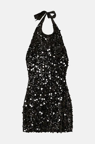 Robe sans manches noire de TALLY WEIJL, ornée de strass et d'un collier avec une cravate.