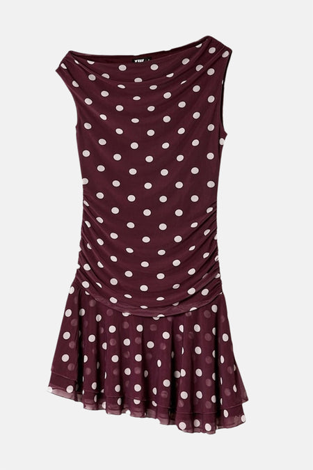 Robe bordeaux de TALLY WEIJL à pois blancs, col drapé et côtés froncés.