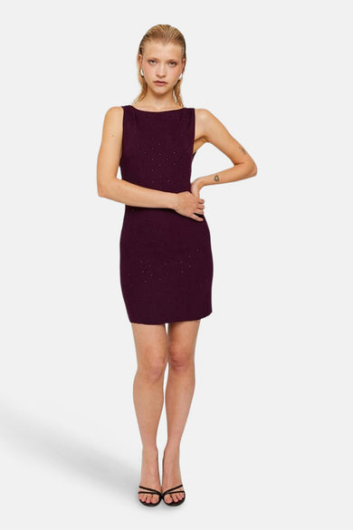 Jupe sans manches TALLY WEIJL de couleur prune, avec une texture côtelée et des strass décoratifs.