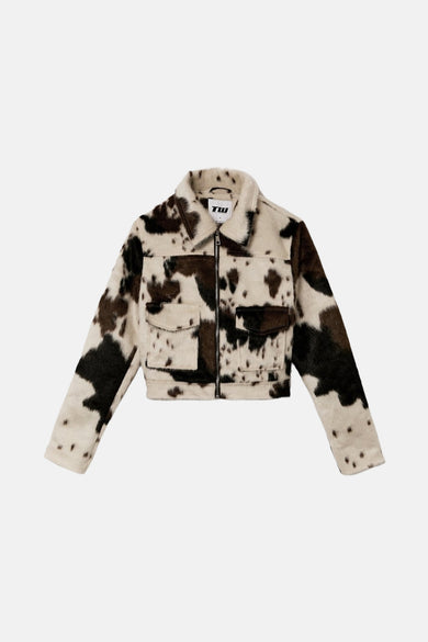 Manteau multicolore en cuir synthétique de TALLY WEIJL, avec une impression de vache et des poches à la poitrine.