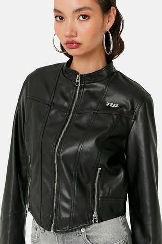 Manteau noir en imitation de TALLY WEIJL, avec des fermetures éclair et des détails argentés.
