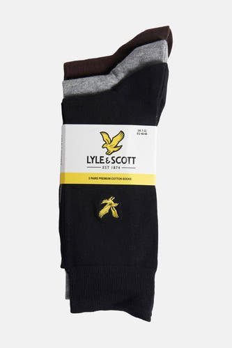 Chaussettes multicolores de LYLE & SCOTT, emballées avec des chaussettes brunes, grises et noires à logo brodé.