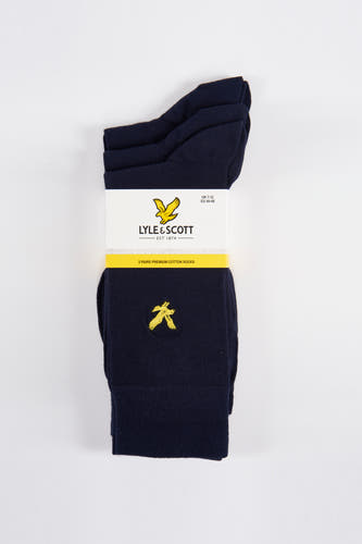 Chaussettes bleues de LYLE & SCOTT, liées avec un ruban papier jaune comportant le logo et l'information du taille.