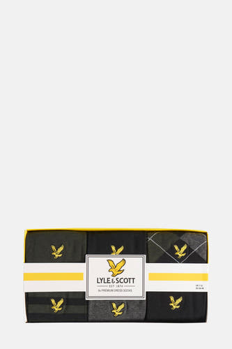 Chaussettes multicolores de Lyle & Scott, dans un emballage contenant six paires de chaussettes avec divers motifs.
