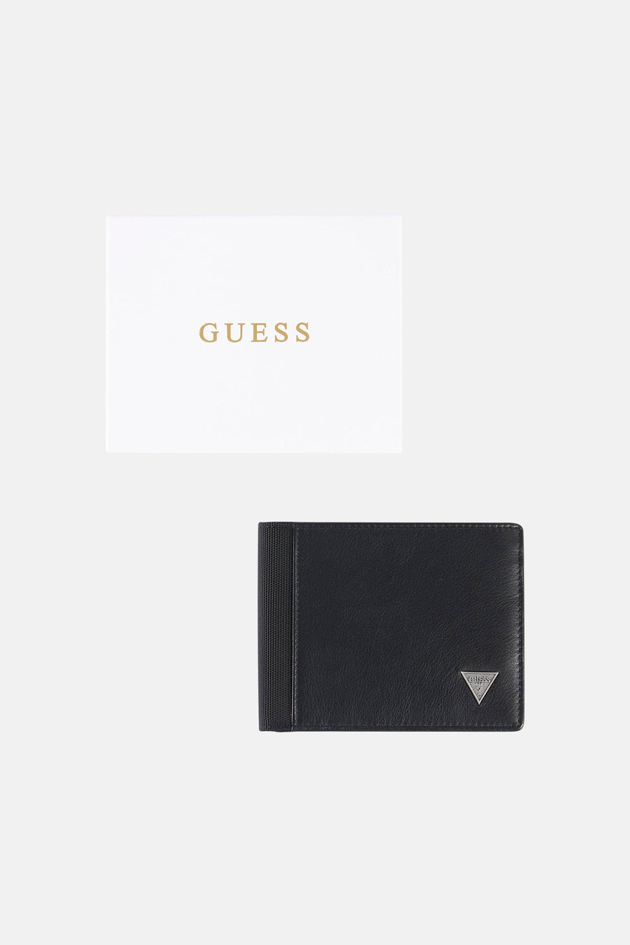 Portefeuille noire Guess, avec bande élastique et logo argenté.