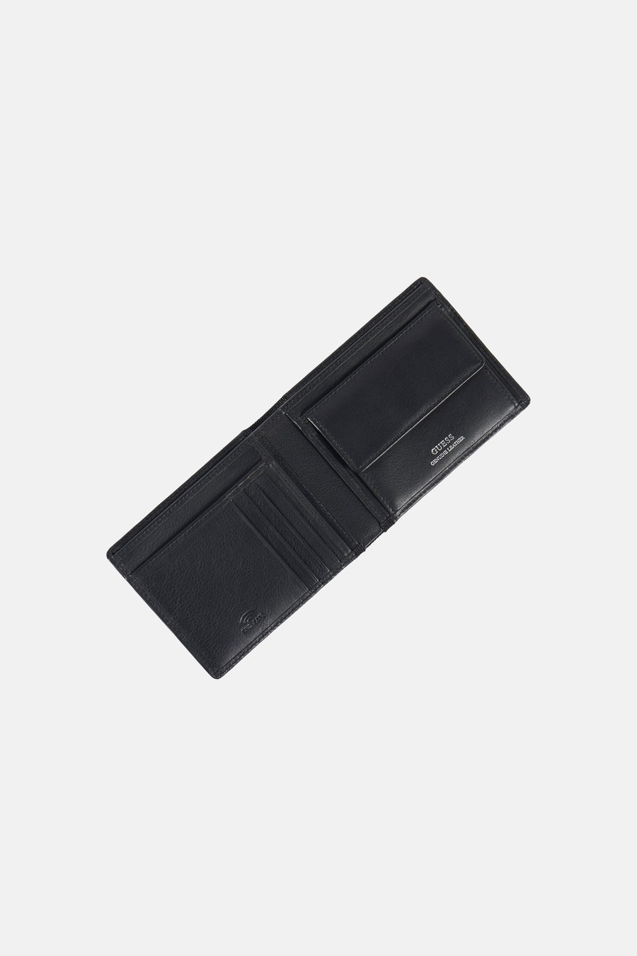 Portefeuille Guess noire, avec plusieurs compartiments et un logo discret dans le coin.