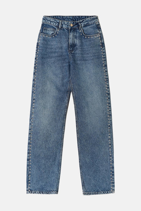 Jean denim bleu droit de TALLY WEIJL, avec des strass argentés sur les côtés.