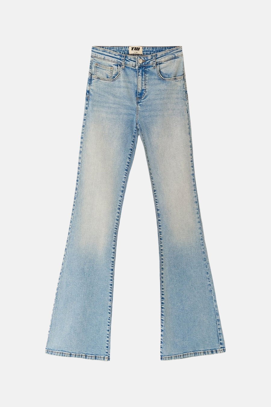 Jean évasé bleu clair de TALLY WEIJL, avec un effet délavé et des détails denim classiques.