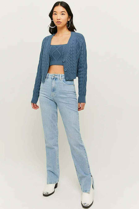 Jean droit en denim bleu clair de TALLY WEIJL, taille haute et fentes sur les côtés.