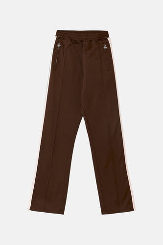 Pantalon de jogging marron de TALLY WEIJL avec une bande blanche sur le côté et des poches zippées.