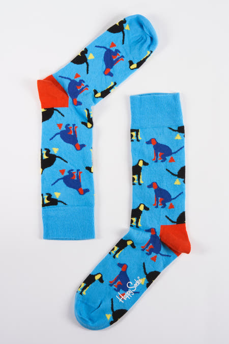 Chaussettes multicolores avec motif de chiens de Happy Socks, bleu avec orteil orange et bord-côte, posées à plat sur fond blanc