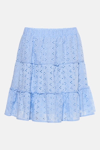 Jupe courte bleue de HAILYS, avec des détails brodés et des volants.