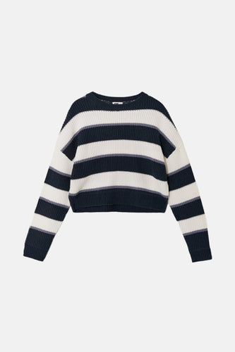 Gestreept gebreide trui in marineblauw en wit.