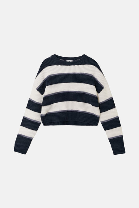 Gestreept gebreide trui in marineblauw en wit.