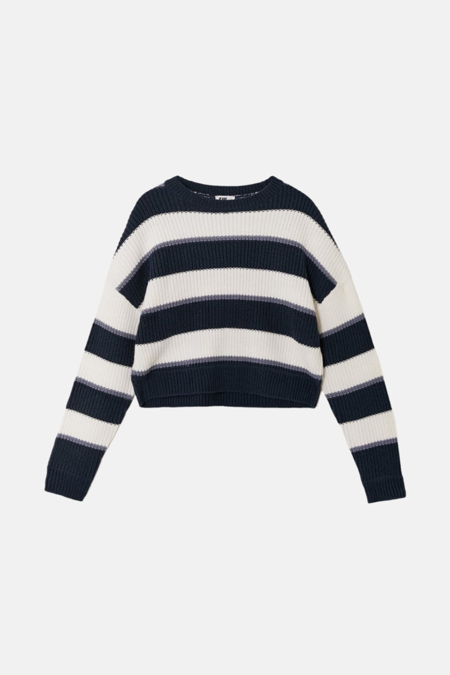 Gestreept gebreide trui in marineblauw en wit.