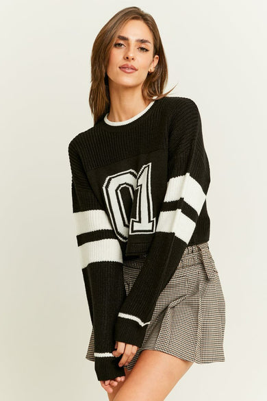 Sweat-shirt noir avec col rond de TALLY WEIJL, avec des rayures blanches et une grande '01' blanche en tête.