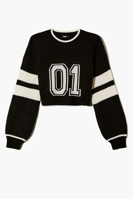 Sweat-shirt noir avec col rond de TALLY WEIJL, avec des rayures blanches sur les manches et le numéro 01 sur l'avant.