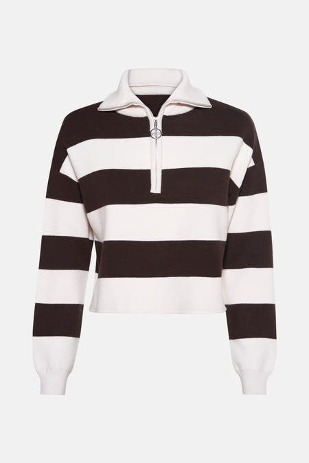 Sweat-shirt marron de TALLY WEIJL, avec des rayures horizontales et une fermeture éclair courte argentée.