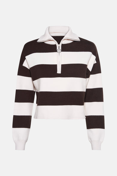 Sweat-shirt marron de TALLY WEIJL, avec des rayures horizontales et une fermeture éclair courte argentée.