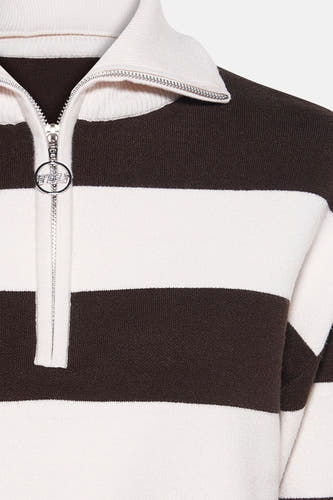 Sweat-shirt marron de TALLY WEIJL avec des rayures blanches et une fermeture éclair argentée.