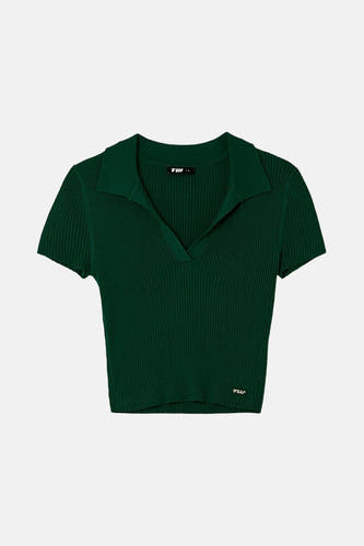 Polo vert de manches courtes TALLY WEIJL, avec une texture rayée et un petit logo sur la poitrine.
