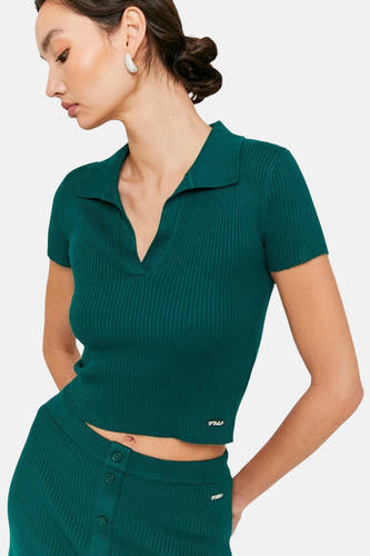 Polo vert de mantestes courtes TALLY WEIJL, avec une texture rayée et une jupe coordonnée.