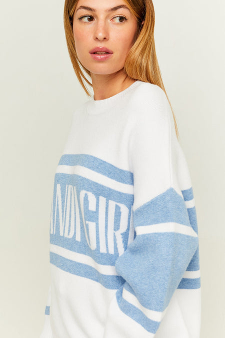 Pull-over blanc avec col rond de TALLY WEIJL, avec des rayures bleu clair et des lettres sur l'avant.