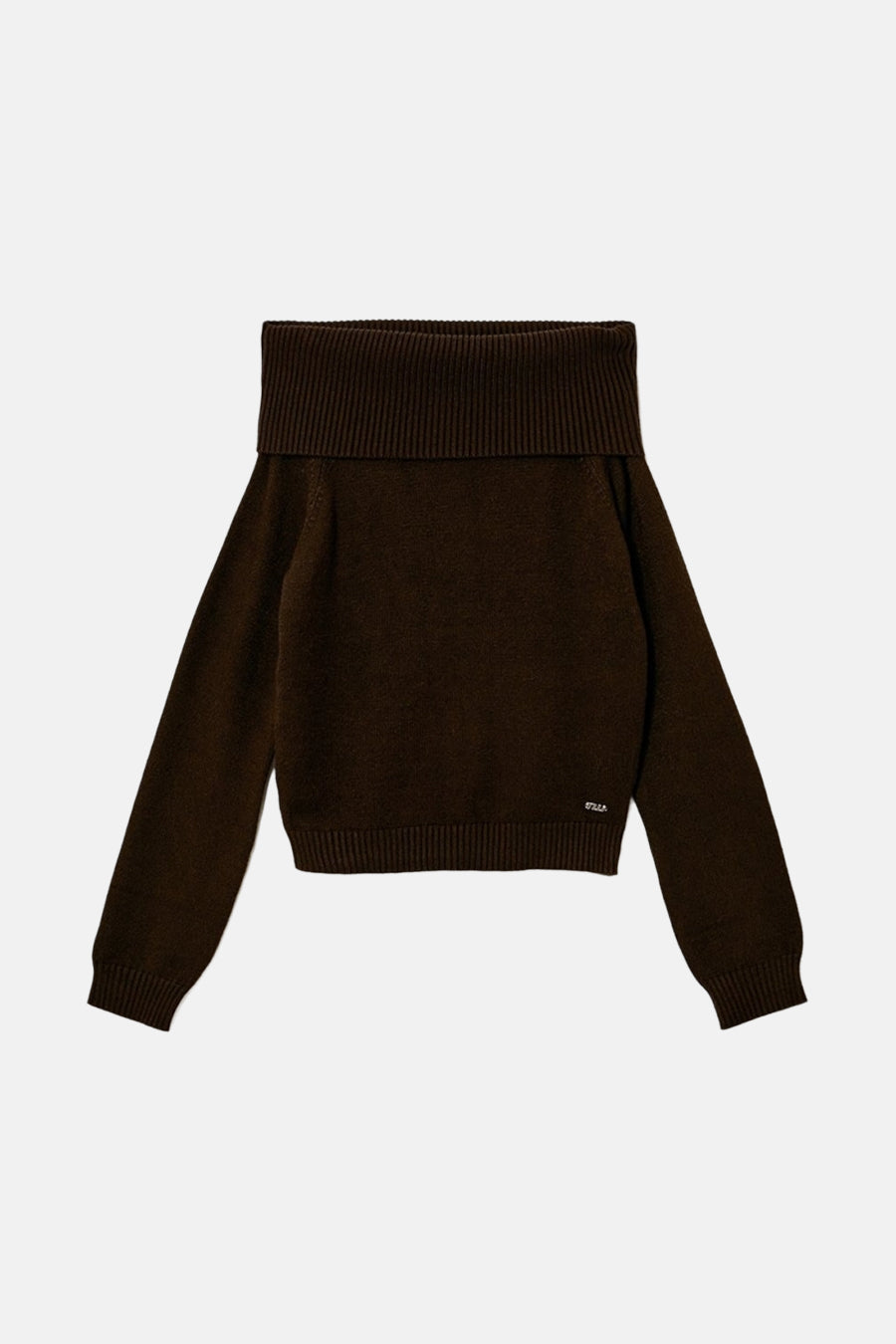 Sweat-shirt à épaules dégagées marron de TALLY WEIJL, avec un large bord côtelé et une petite impression texte.