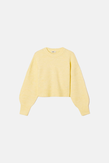 Pull jaune à col rond de TALLY WEIJL, tricoté avec des manches bouffantes remarquables et un bord-côte, vue de face